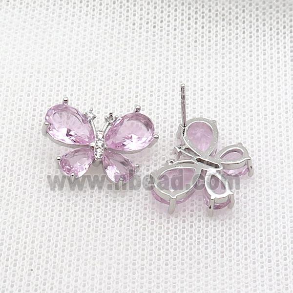 Copper Butterfly Stud Earring Pave Pink Crystal Glass Platinum Plated