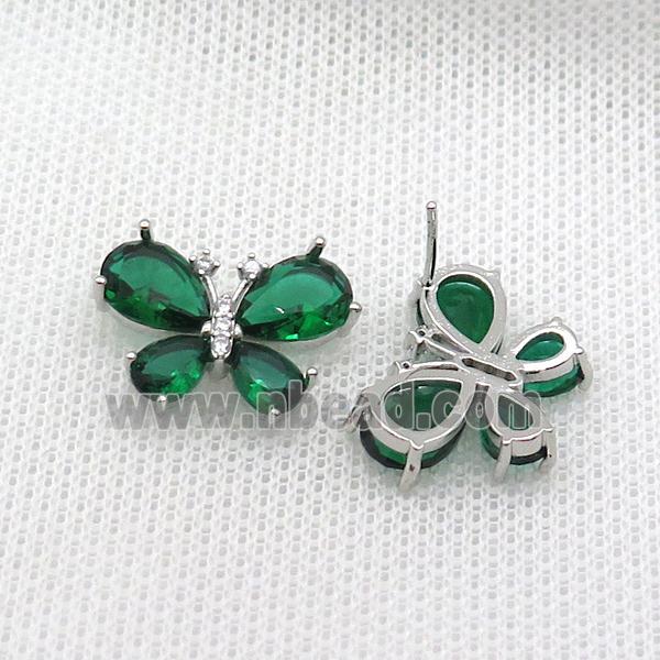 Copper Butterfly Stud Earring Pave Green Crystal Glass Platinum Plated