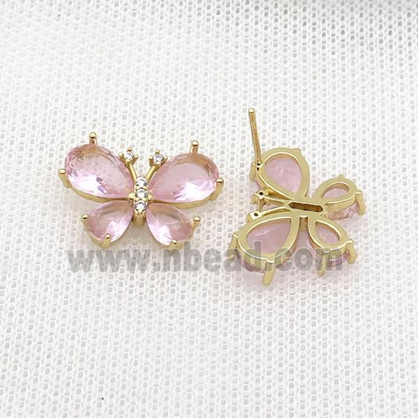Copper Butterfly Stud Earring Pave Pink Crystal Glass Gold Plated