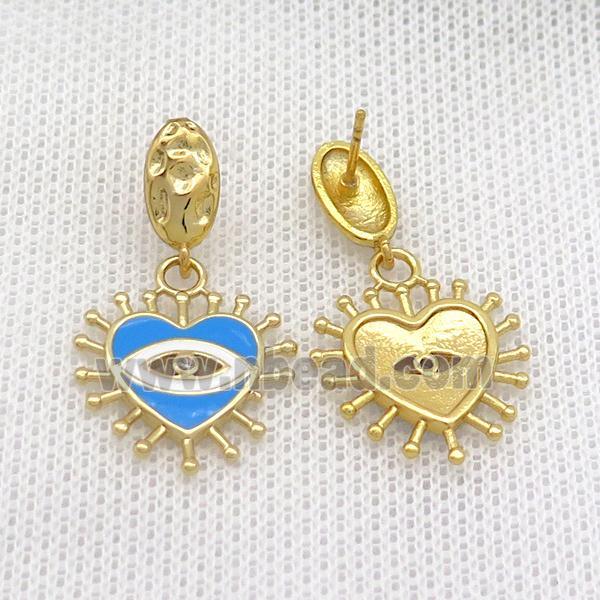 Copper Stud Earring Heart Blue Enamel Eye Gold Plated