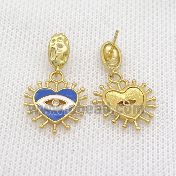 Copper Stud Earring Heart Blue Enamel Eye Gold Plated