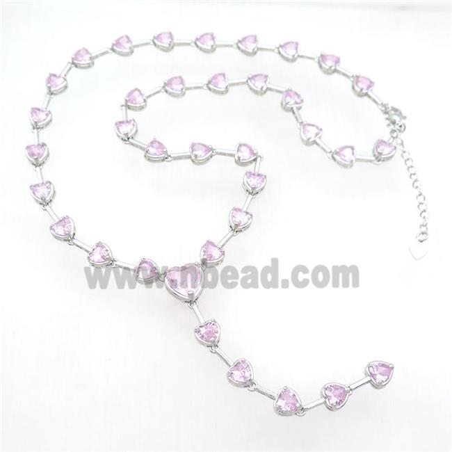 Copper Necklace Pave Zircon Pink Heart Platinum Plated