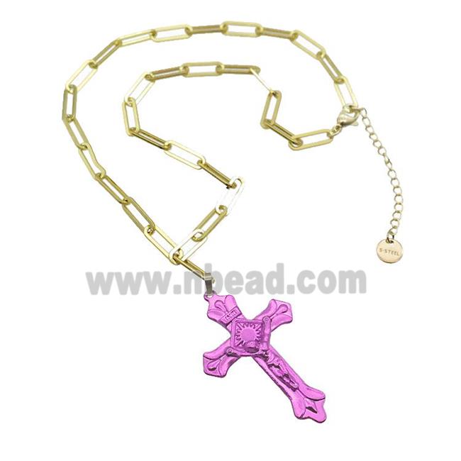 Copper Necklace Hotpink Lacquered Cross Gold Plated