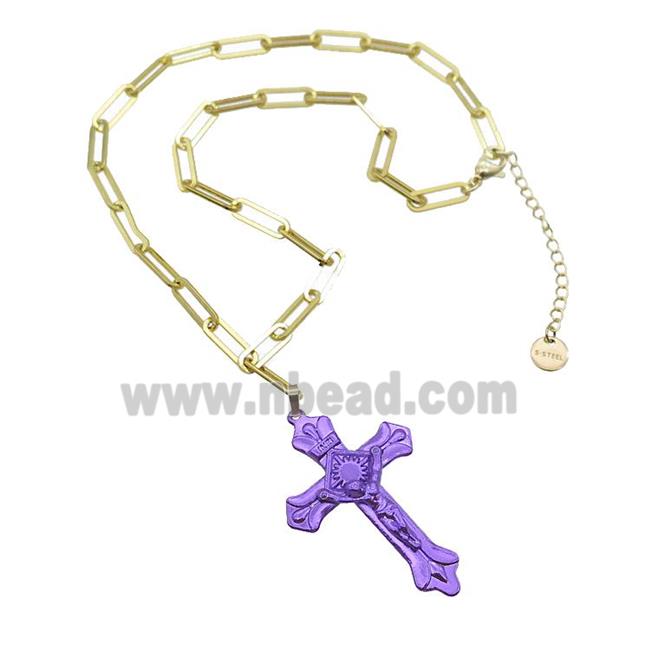Copper Necklace Purple Lacquered Cross Gold Plated