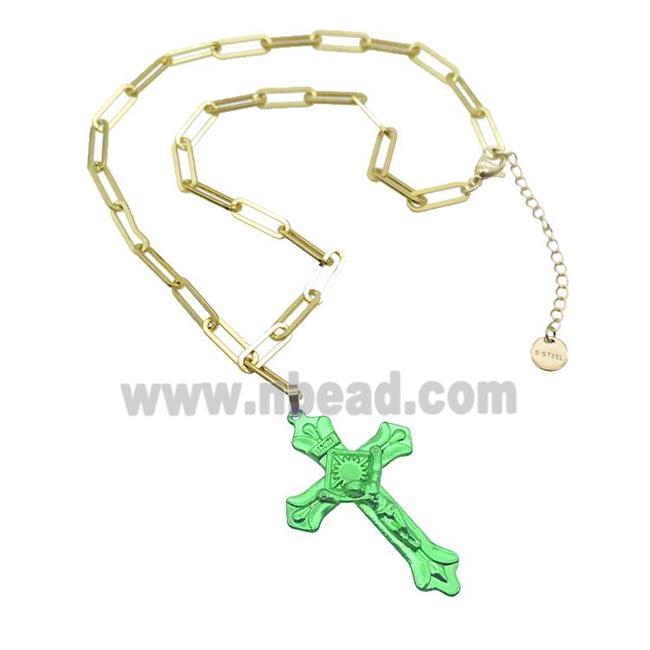 Copper Necklace Green Lacquered Cross Gold Plated