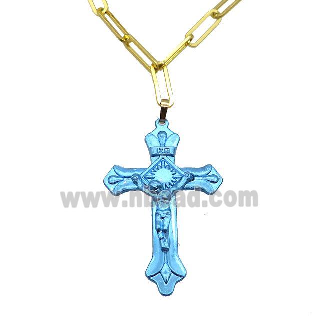 Copper Necklace Blue Lacquered Cross Gold Plated