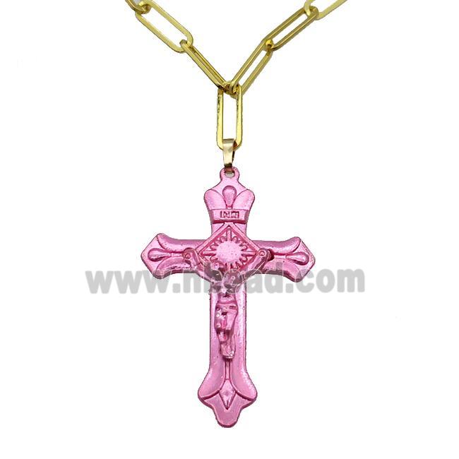 Copper Necklace Pink Lacquered Cross Gold Plated
