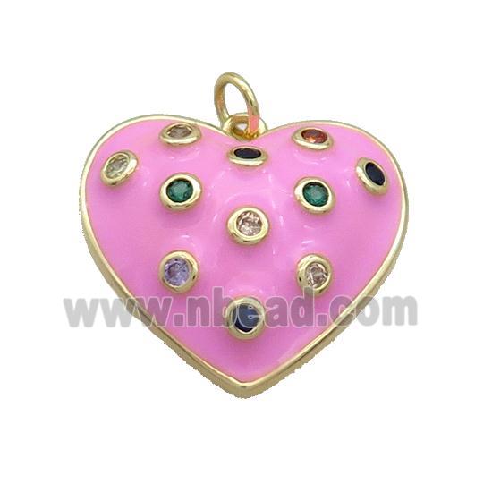Copper Heart Pendant Pave Zircon Pink Enamel Gold Plated