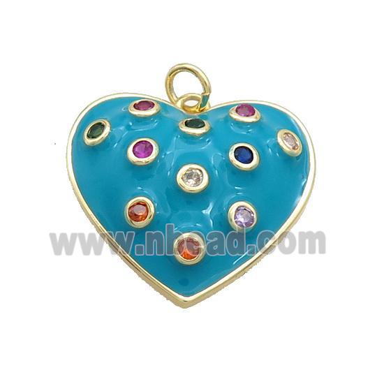 Copper Heart Pendant Pave Zircon Teal Enamel Gold Plated