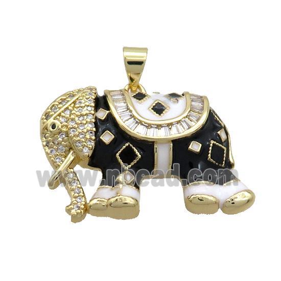 Copper Elephant Pendant Pave Zircon Black Enamel Gold Plated