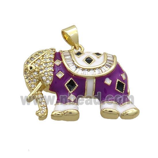 Copper Elephant Pendant Pave Zircon Purple Enamel Gold Plated