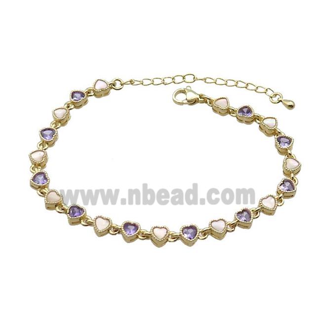 Copper Bracelets Pave Purple Zirocn Heart Gold Plated