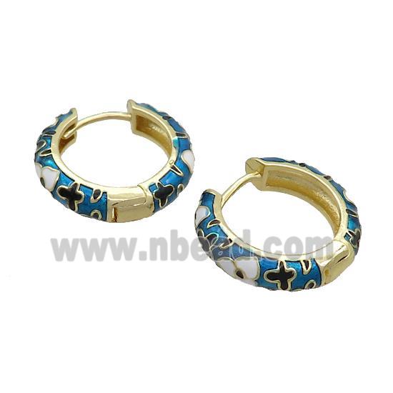 Copper Hoop Earrings Blue Enamel Gold Plated