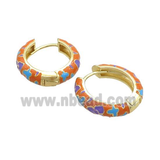 Copper Hoop Earrings Orange Enamel Gold Plated
