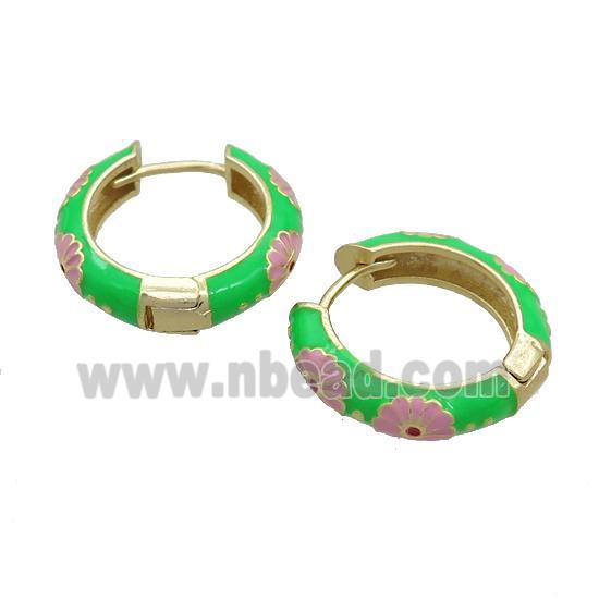 Copper Hoop Earrings Green Enamel Gold Plated