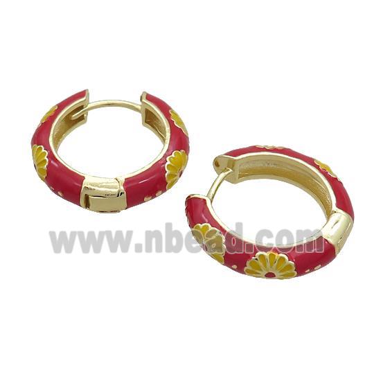 Copper Hoop Earrings Red Enamel Gold Plated