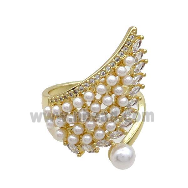 Copper Ring Pave Pearlized Plastic Angel Wings Gold Plated