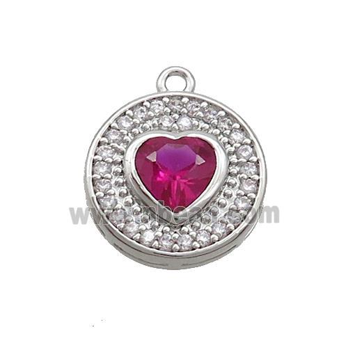 Copper Circle Pendant Pave Zircon Red Heart Platinum Plated