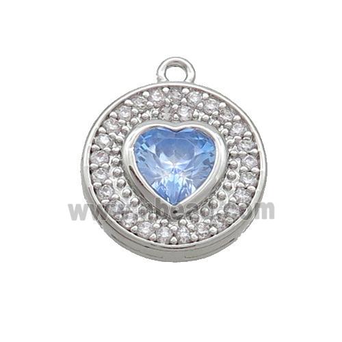 Copper Circle Pendant Pave Zircon Blue Heart Platinum Plated