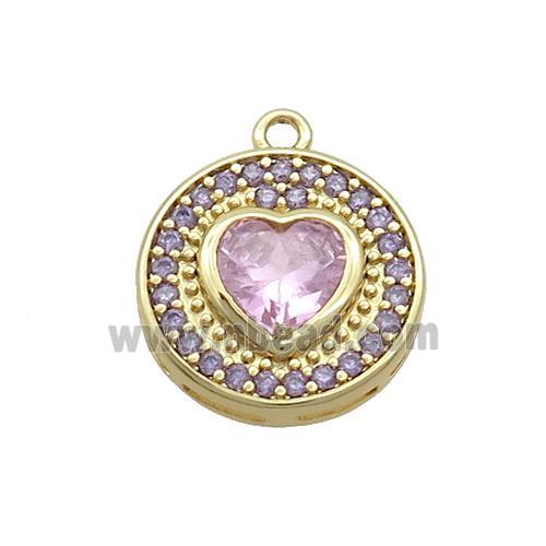 Copper Circle Pendant Pave Zircon Pink Heart Gold Plated
