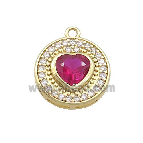 Copper Circle Pendant Pave Zircon Red Heart Gold Plated