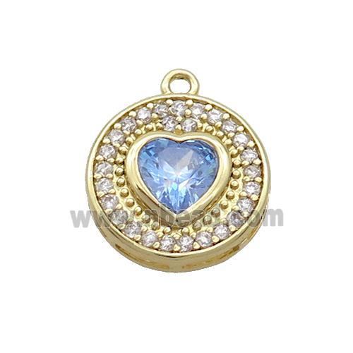 Copper Circle Pendant Pave Zircon Blue Heart Gold Plated