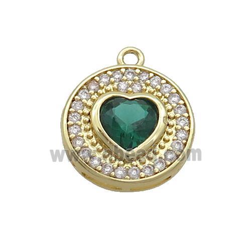 Copper Circle Pendant Pave Zircon Green Heart Gold Plated