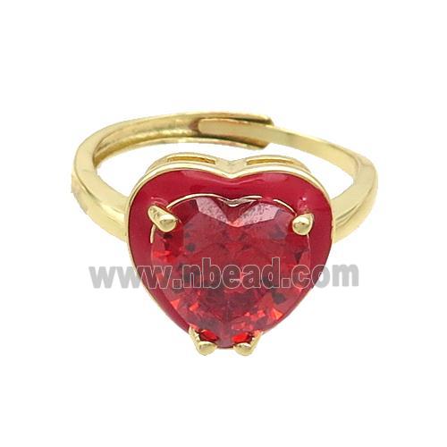 Copper Rings Pave Red Crystal Glass Enamel Heart Adjustable Gold Plated