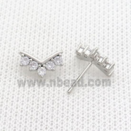 Copper Stud Earrings Pave Zircon Platinum Plated