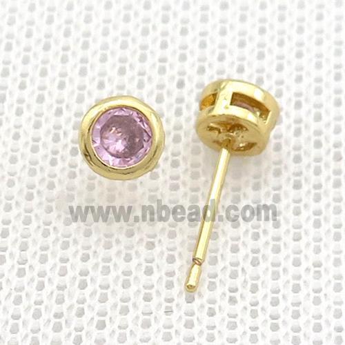 Copper Stud Earrings Pave Pink Zircon Gold Plated