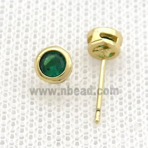 Copper Stud Earrings Pave Green Zircon Gold Plated