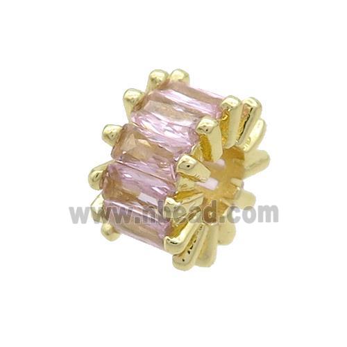 Copper Rondelle Beads Pave Pink Zircon Large Hole Gold Plated