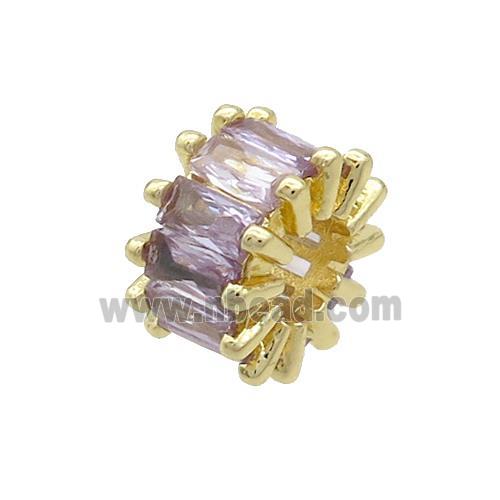 Copper Rondelle Beads Pave Purple Zircon Large Hole Gold Plated
