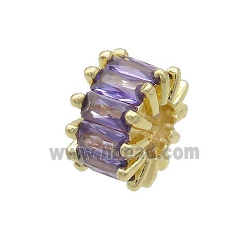 Copper Rondelle Beads Pave Purple Zircon Large Hole Gold Plated