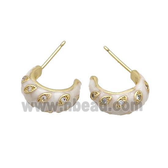 Copper Stud Earrings Pave Zircon White Enamel Gold Plated