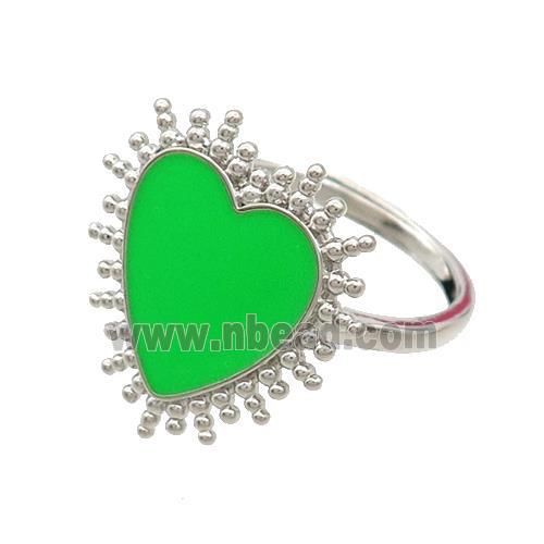 Copper Rings Heart Green Enamel Adjustable Platinum Plated