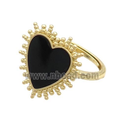 Copper Rings Heart Black Enamel Adjustable Gold Plated
