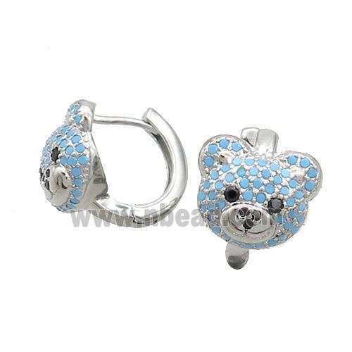 Copper Hoop Earring Pave Turqblue Zircon Bear Platinum Plated