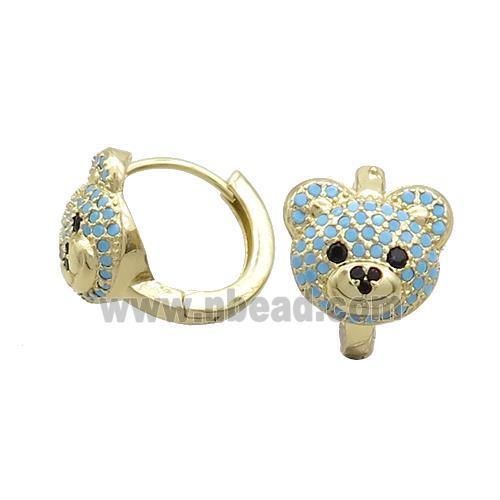 Copper Hoop Earring Pave Turqblue Zircon Bear Gold Plated