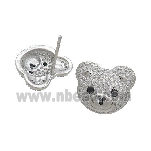 Copper Stud Earrings Pave Zircon Bear Platinum Plated