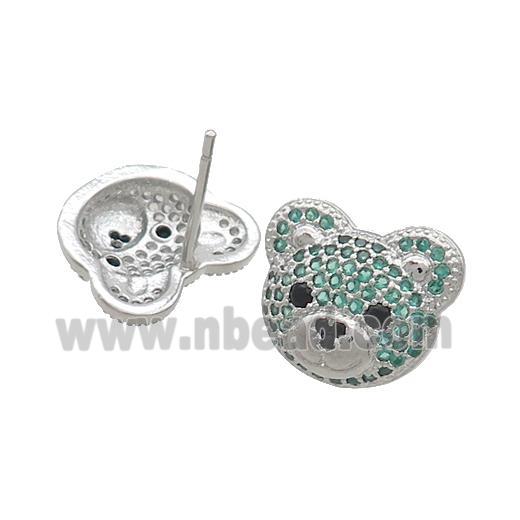 Copper Stud Earrings Pave Green Zircon Bear Platinum Plated