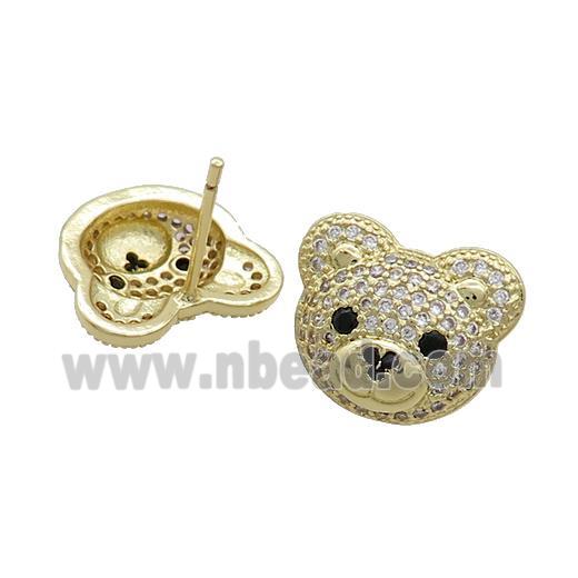 Copper Stud Earrings Pave Zircon Bear Gold Plated