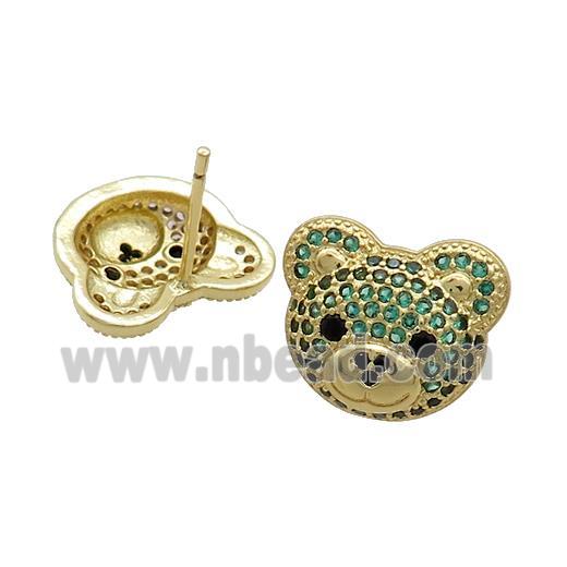 Copper Stud Earrings Pave Green Zircon Bear Gold Plated