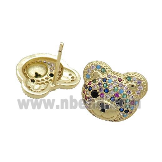 Copper Stud Earrings Pave Multicolor Zircon Bear Gold Plated