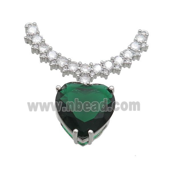 Copper Pendant Pave Green Crystal Glass Heart 2loops Platinum Plated