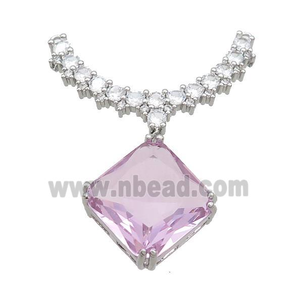 Copper Pendant Pave Pink Crystal Glass Square 2loops Platinum Plated