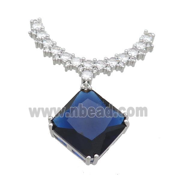 Copper Pendant Pave Blue Crystal Glass Square 2loops Platinum Plated