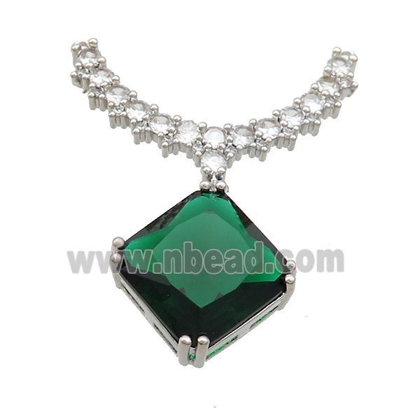 Copper Pendant Pave Green Crystal Glass Square 2loops Platinum Plated