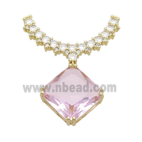Copper Pendant Pave Pink Crystal Glass Square 2loops Gold Plated