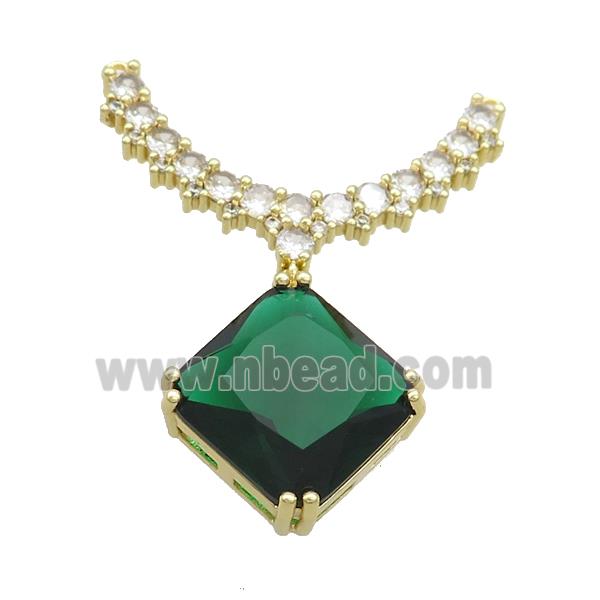 Copper Pendant Pave Green Crystal Glass Square 2loops Gold Plated